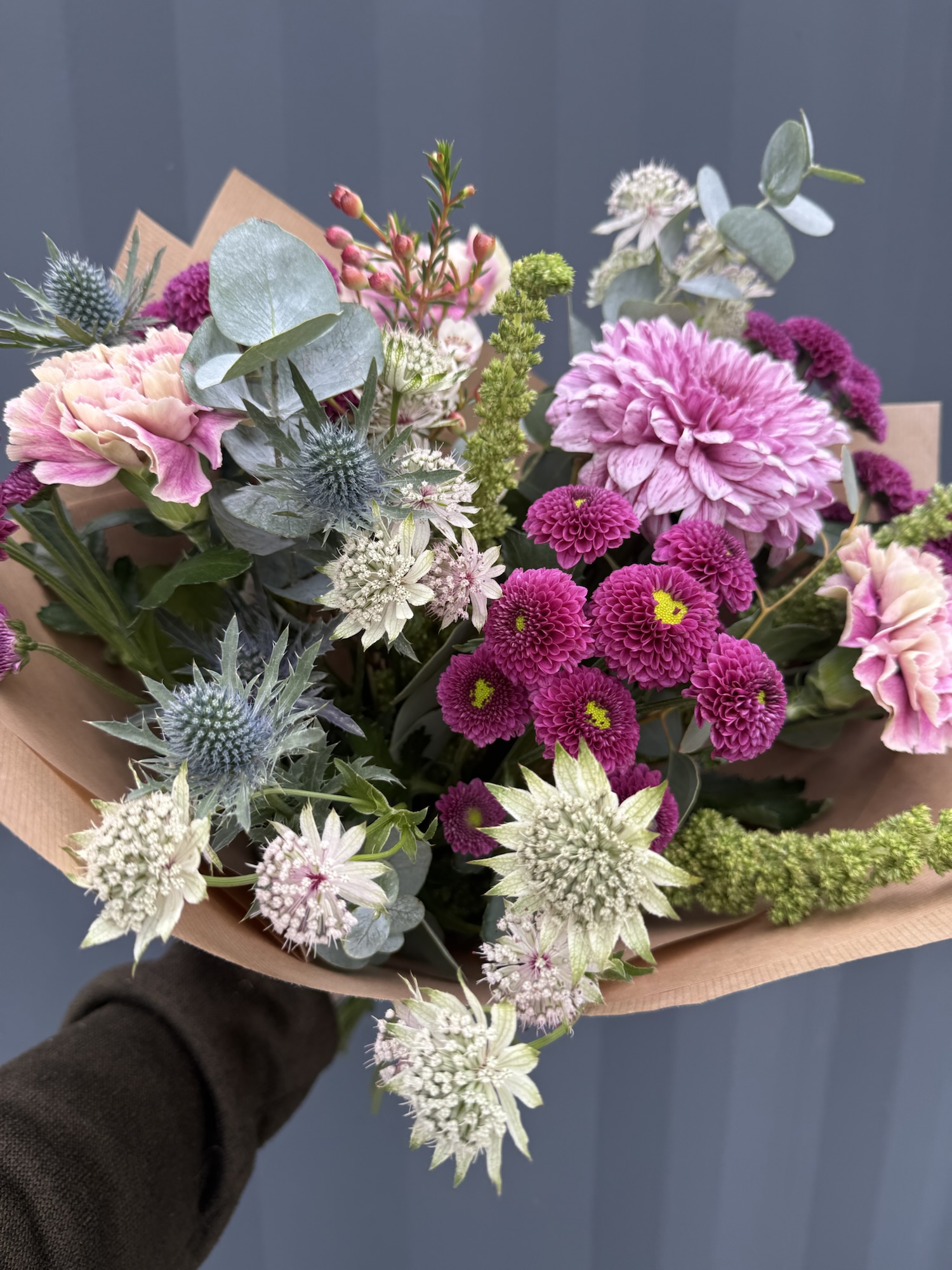 hand-tied posy of pinks and purples, fresh flowers for delivery in Fife